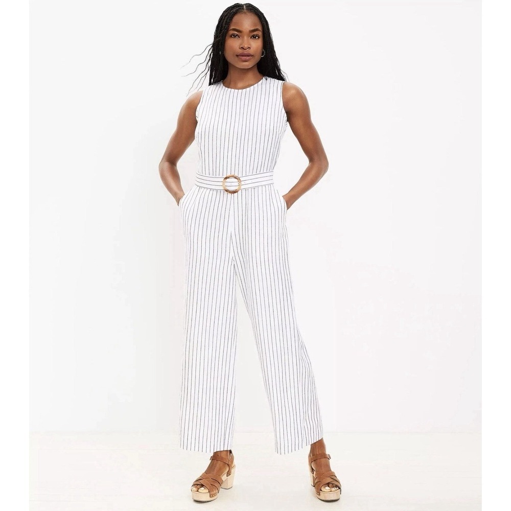 NEW! Ann Taylor Loft Striped Linen Blend Jumpsuit Belted Sleeveless White  SZ 12